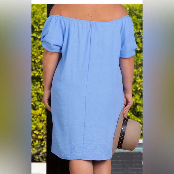 COPY - NWOT Off Shoulder Sky Blue Short Puff Sleeves Dress with Side Pockets - Picture 5 of 10